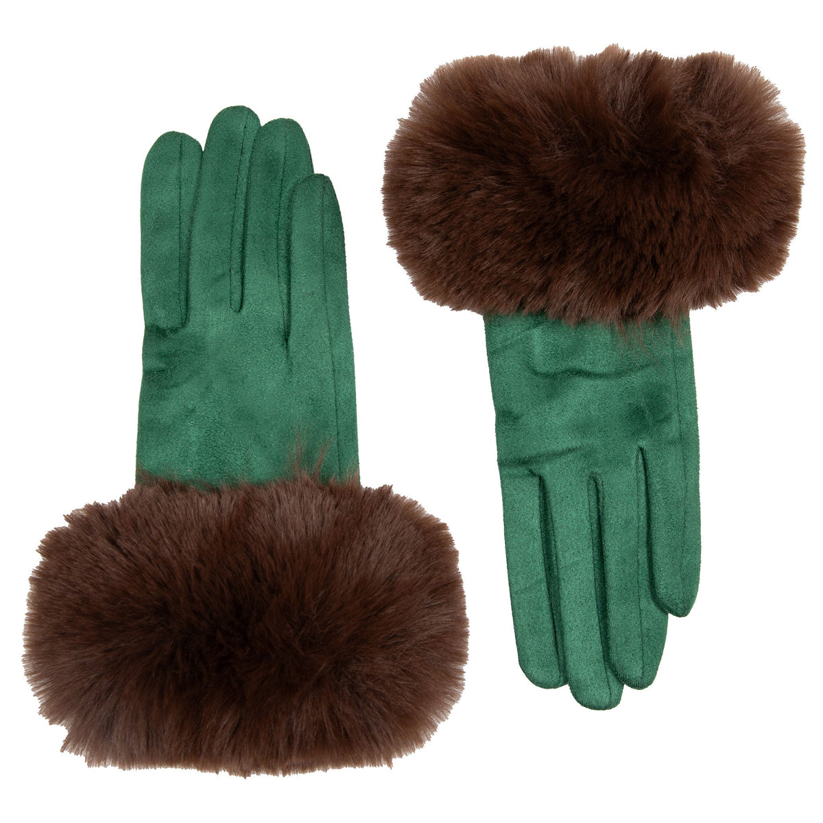 Women's touchscreen velour-lined faux suede gloves with faux fur cuffs in emerald/chocolate side