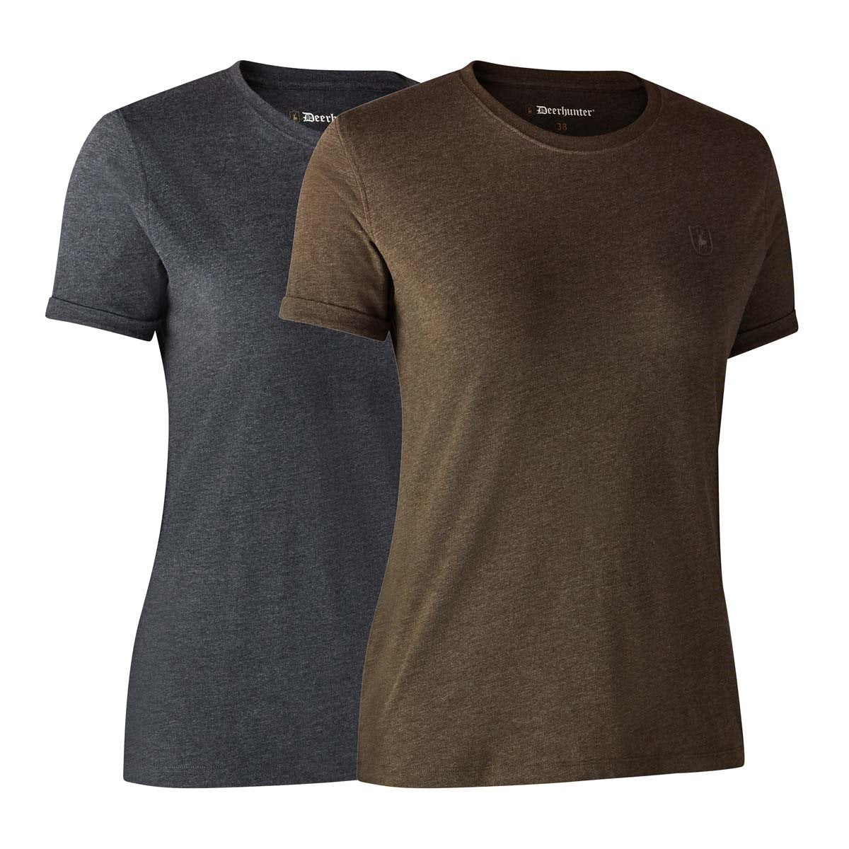 40% OFF DEERHUNTER Ladies Basic T-Shirt 2 Pack - Brown Leaf Melange - Size: UK 12 Deerhunter