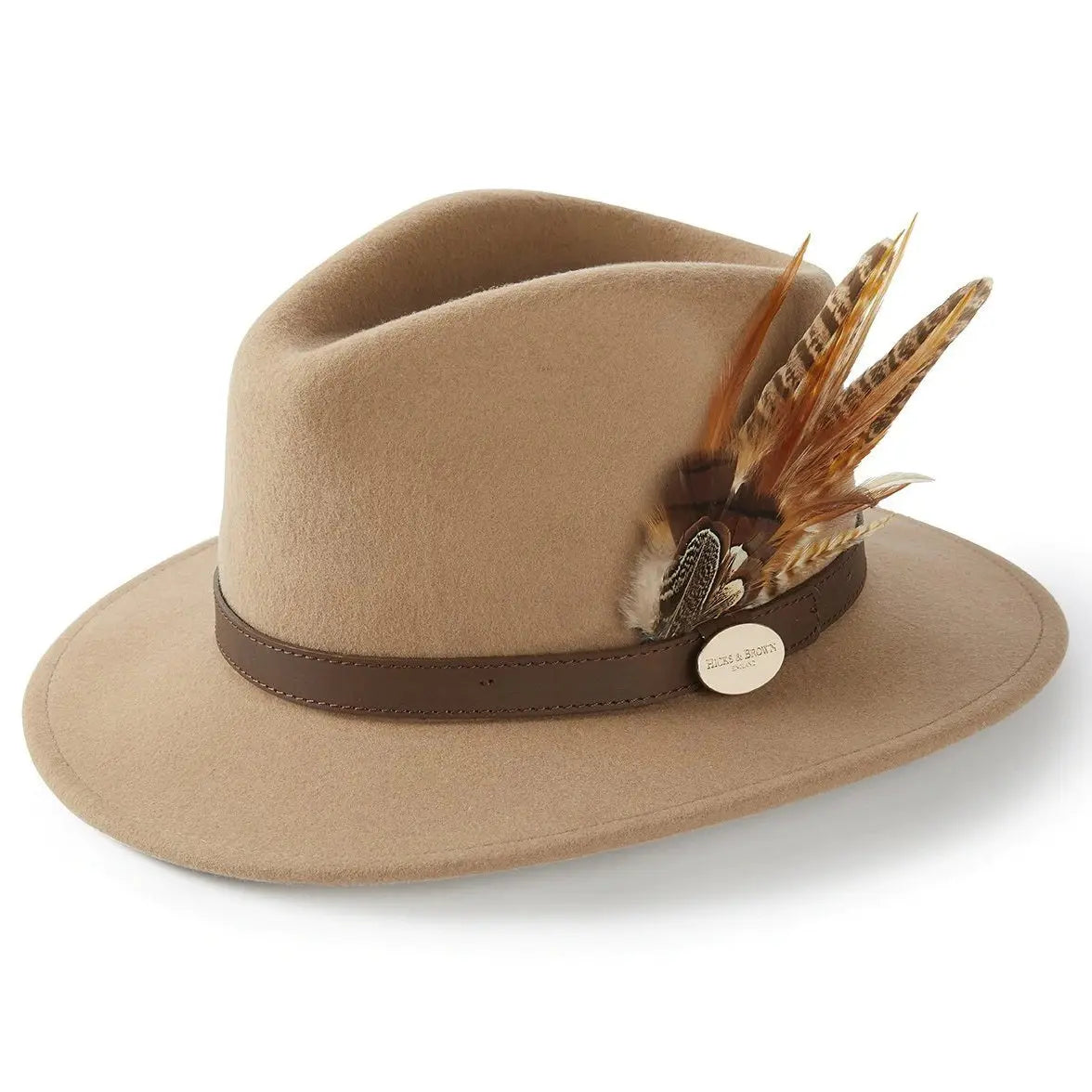 HICKS & BROWN Ladies Suffolk Fedora Hat - Gamebird Feather - Camel Hicks and Brown