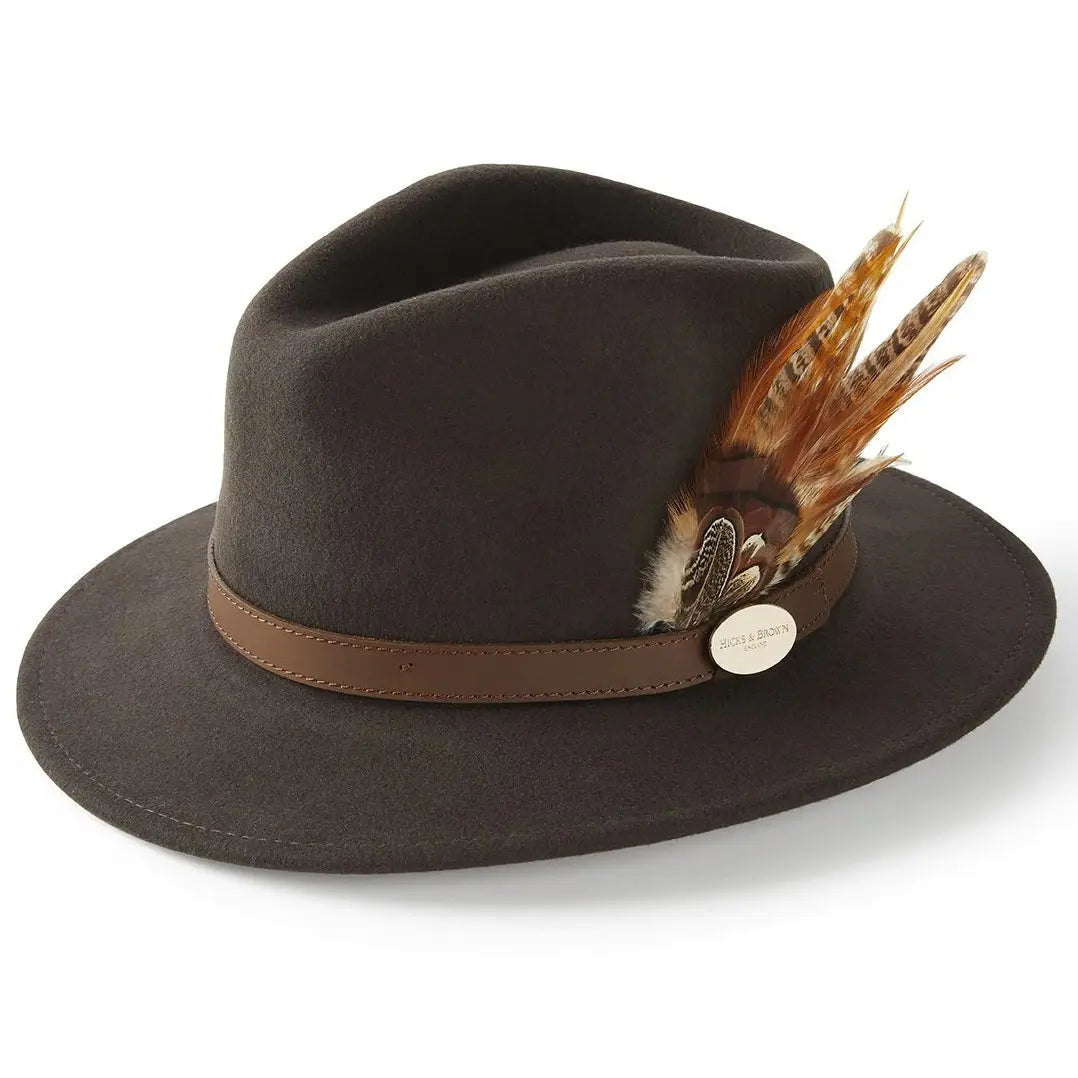 HICKS & BROWN Ladies Suffolk Fedora Hat - Gamebird Feather - Dark Brown Hicks and Brown