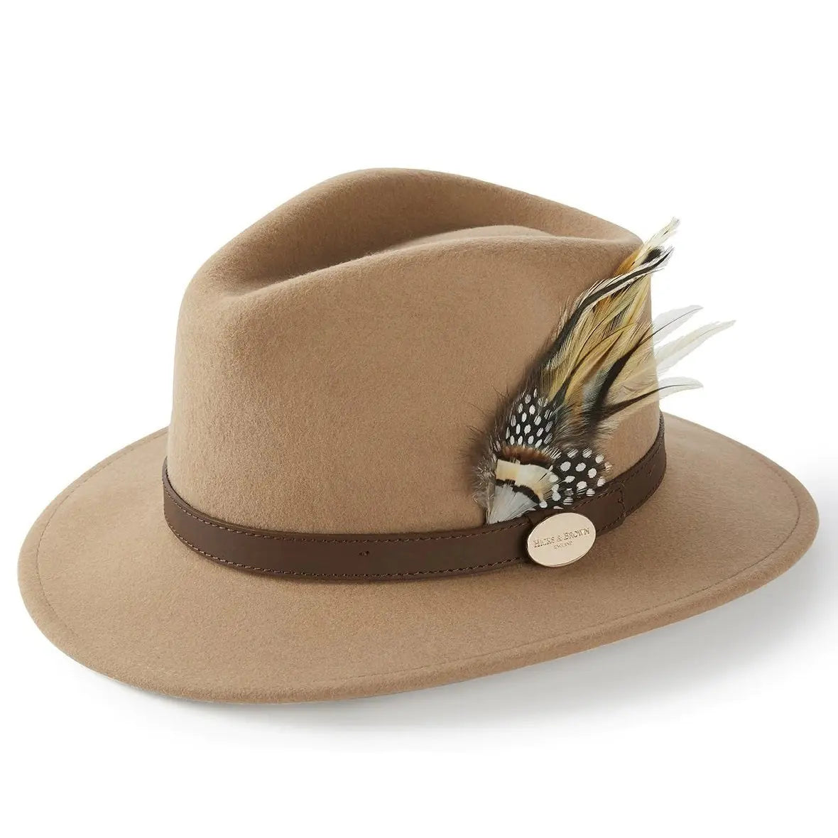 HICKS & BROWN Ladies Suffolk Fedora Hat - Guinea and Pheasant Feather - Camel Hicks and Brown