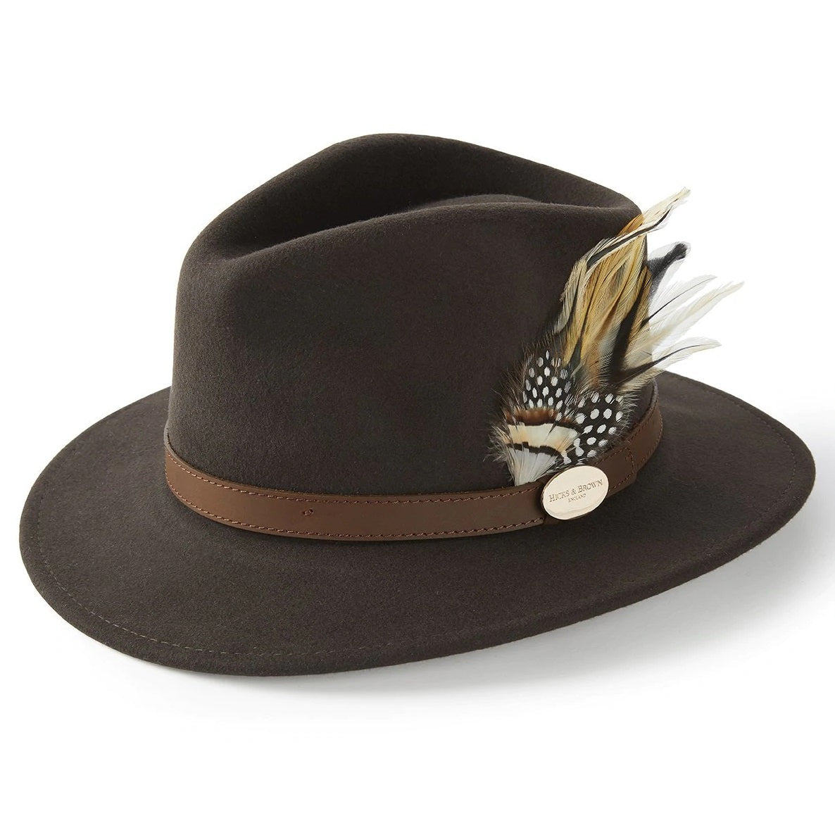HICKS & BROWN Ladies Suffolk Fedora Hat - Guinea and Pheasant Feather - Dark Brown