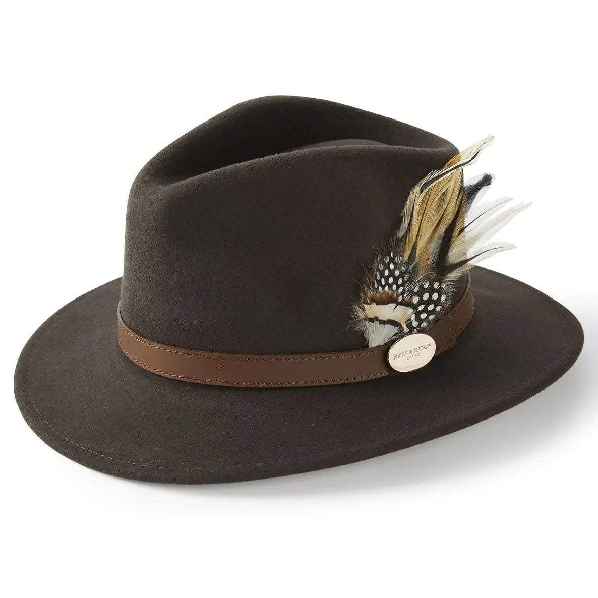 HICKS & BROWN Ladies Suffolk Fedora Hat - Guinea and Pheasant Feather - Dark Brown Hicks and Brown