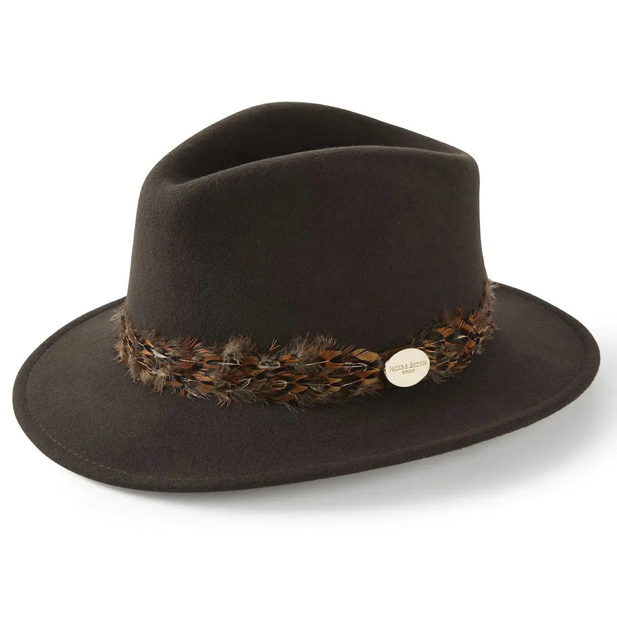 HICKS & BROWN Ladies Suffolk Fedora Hat - Pheasant Feather Wrap - Dark Brown Hicks and Brown