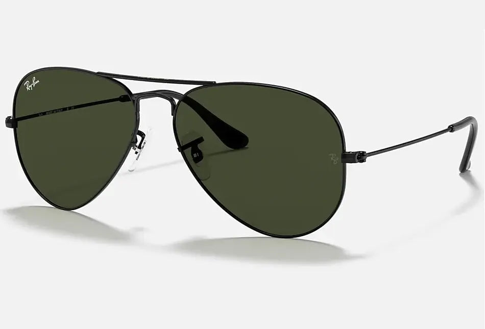 RAY-BAN Aviator Classic Sunglasses - Black - Crystal Green Lens Ray-Ban