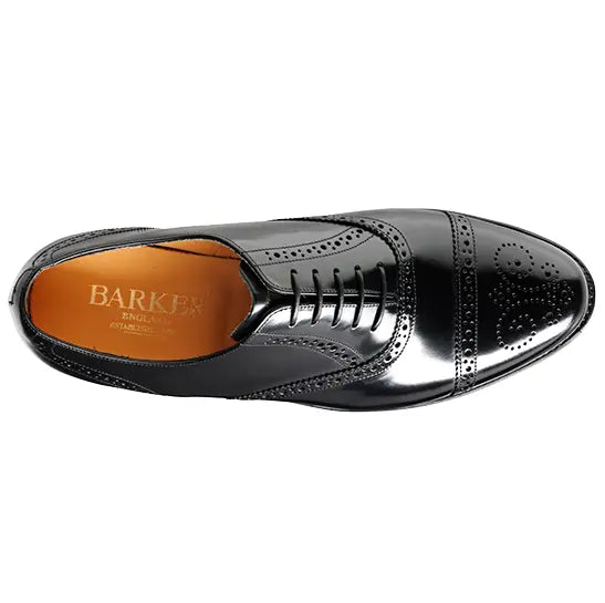 BARKER Alfred Shoes - Mens Semi Brogue Oxford - Black Hi-Shine Barker Shoes