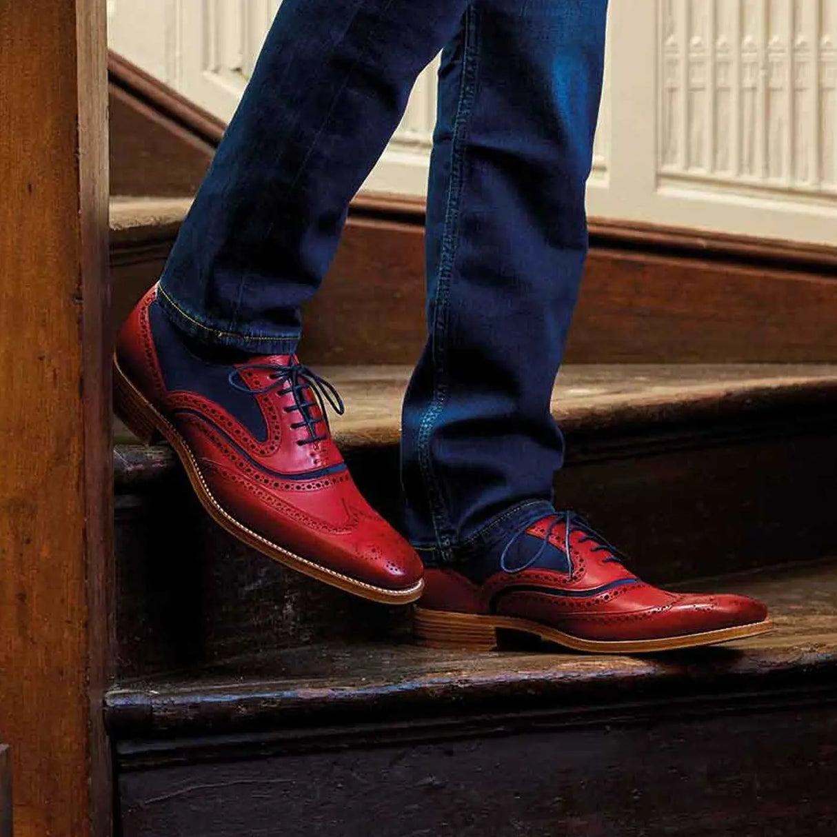 Barker Shoes - Mens McClean Brogues - Red Hand Painted & Navy Suede