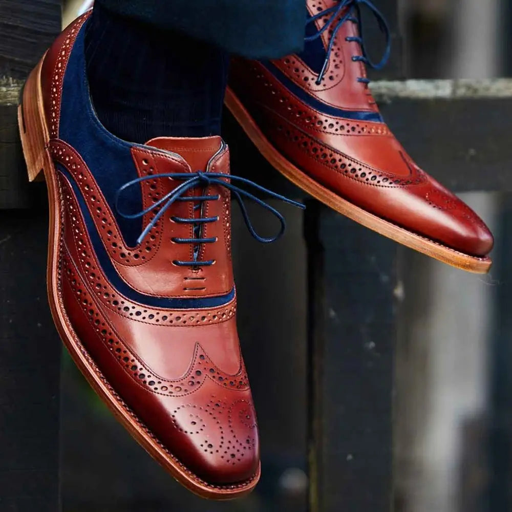 Barker McClean Brogue Shoes - Rosewood Calf & Navy Blue Suede