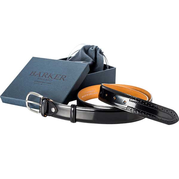 Barker Brogue Belt - Black Hi-Shine Leather