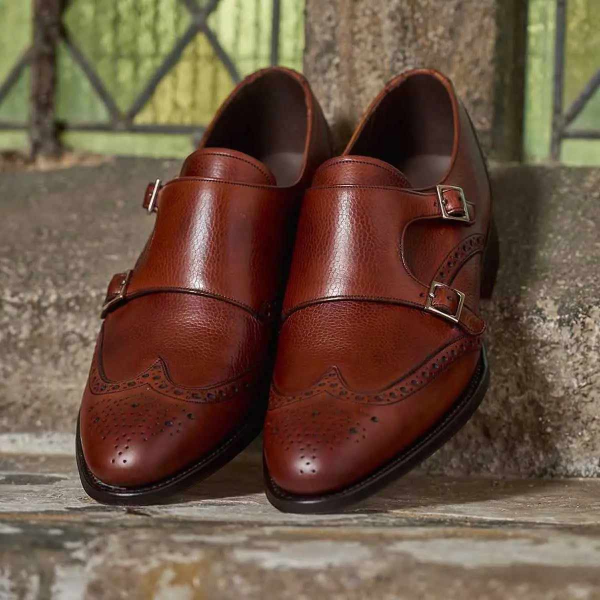 Barker Fleet Double Monk Strap Brogues - Rosewood Calf & Grain
