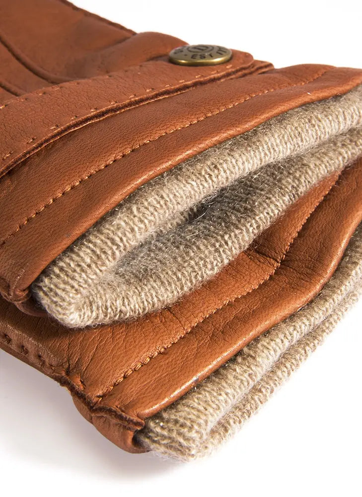 DENTS Gloucester Cashmere-Lined Deerskin Leather Gloves with Cashmere Cuffs - Mens Handsewn Three-Point - Havana Dents