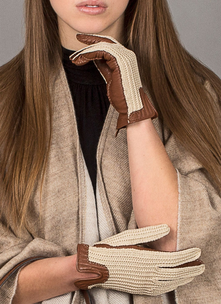 DENTS Kelly Crochet Back Imitation Peccary Leather Driving Gloves - women's - Neutral & Cognac Dents