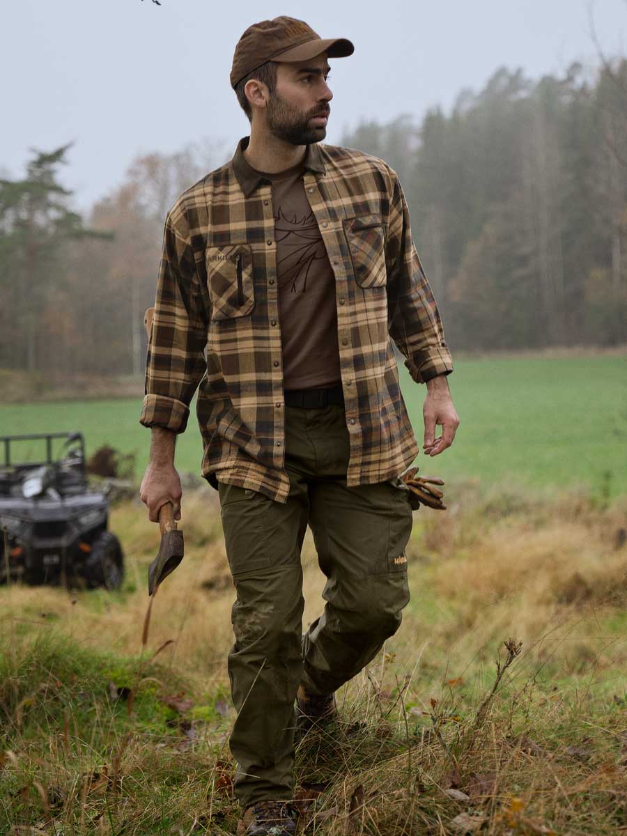 HARKILA Pajala Shirt - Mens Brushed Cotton - Beige W/Brown