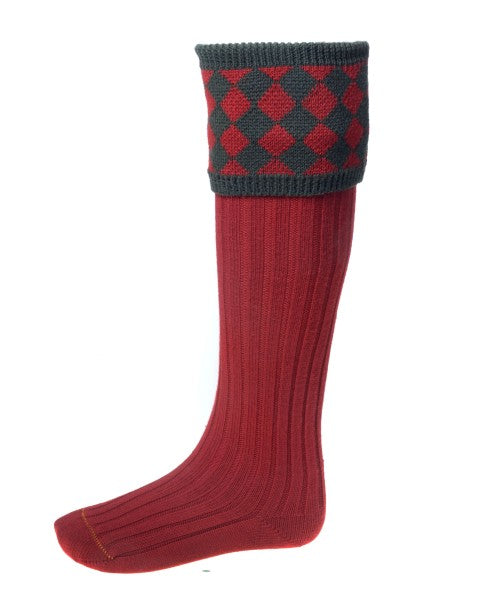 HOUSE OF CHEVIOT Chessboard Shooting Socks - Mens - Brick Red House Of Cheviot