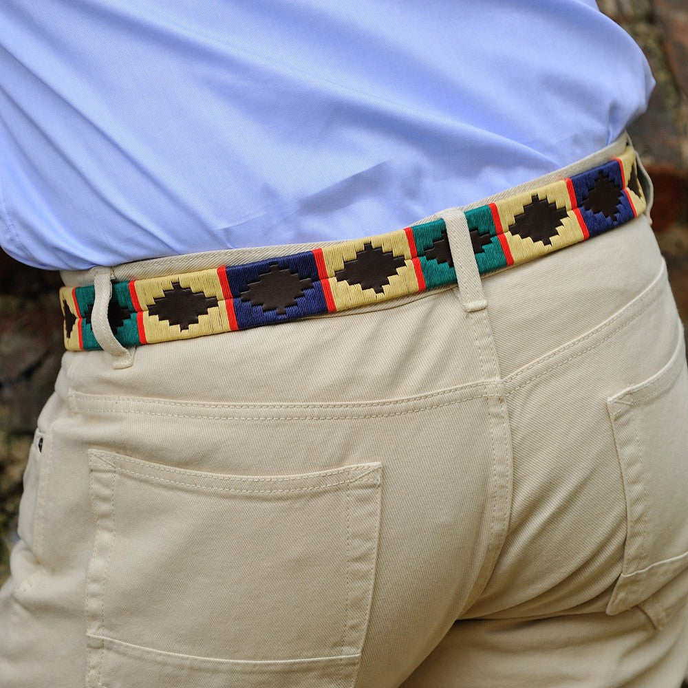 PIONEROS Polo Belt - Wide Argentinian - 105 Navy/Green/Cream with Red Stripe