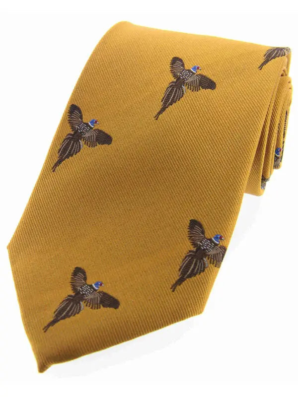 Soprano - Mustard Fying Pheasants Woven Silk Country Tie