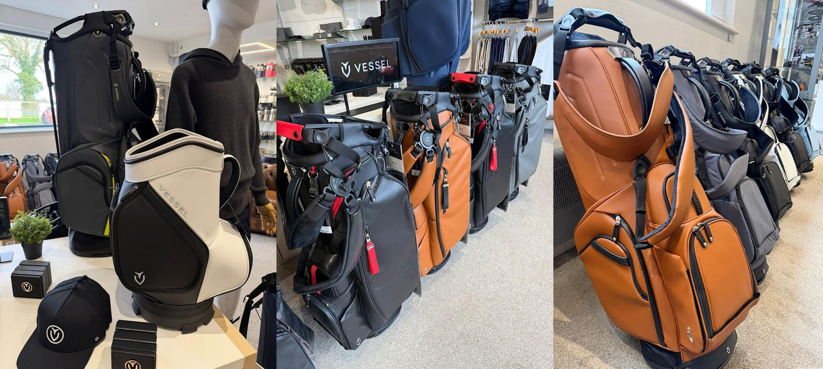 Vessel golf bag showroom at A Farley Country Attire in Kibworth, Leicestershire, displaying a wide range of premium Vessel golf bags