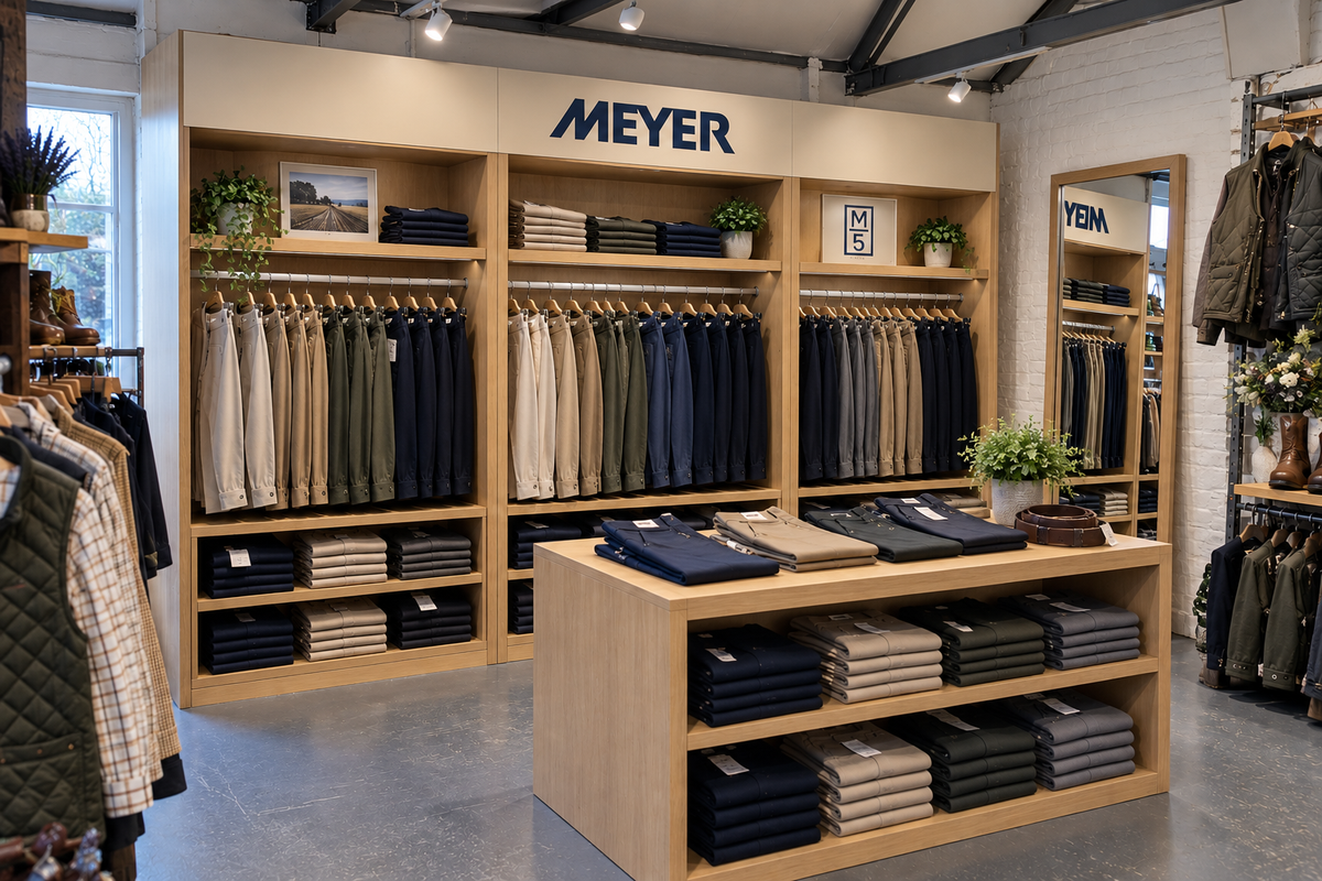 Meyer trouser display with oak shelving and folded chinos