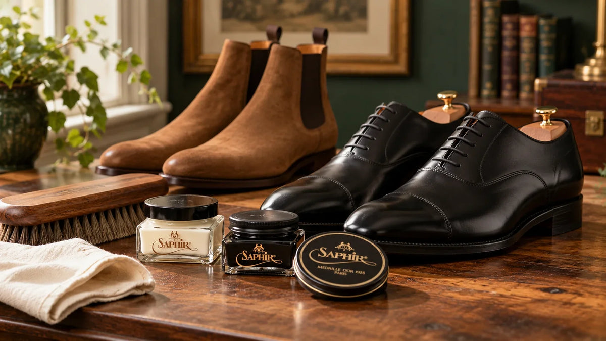 Illustrative scene of Saphir shoe-care products beside black leather shoes and tan suede boots