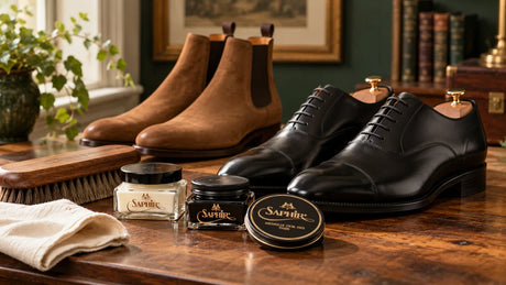 Illustrative scene of Saphir shoe-care products beside black leather shoes and tan suede boots