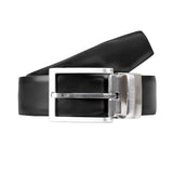 Men’s heritage reversible full-grain leather belt with satin nickel buckle in black/burgundy, loop position. 