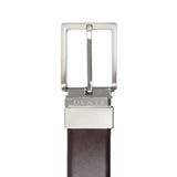 Men’s heritage reversible full-grain leather belt with satin nickel buckle in black/tan, buckle close up. 