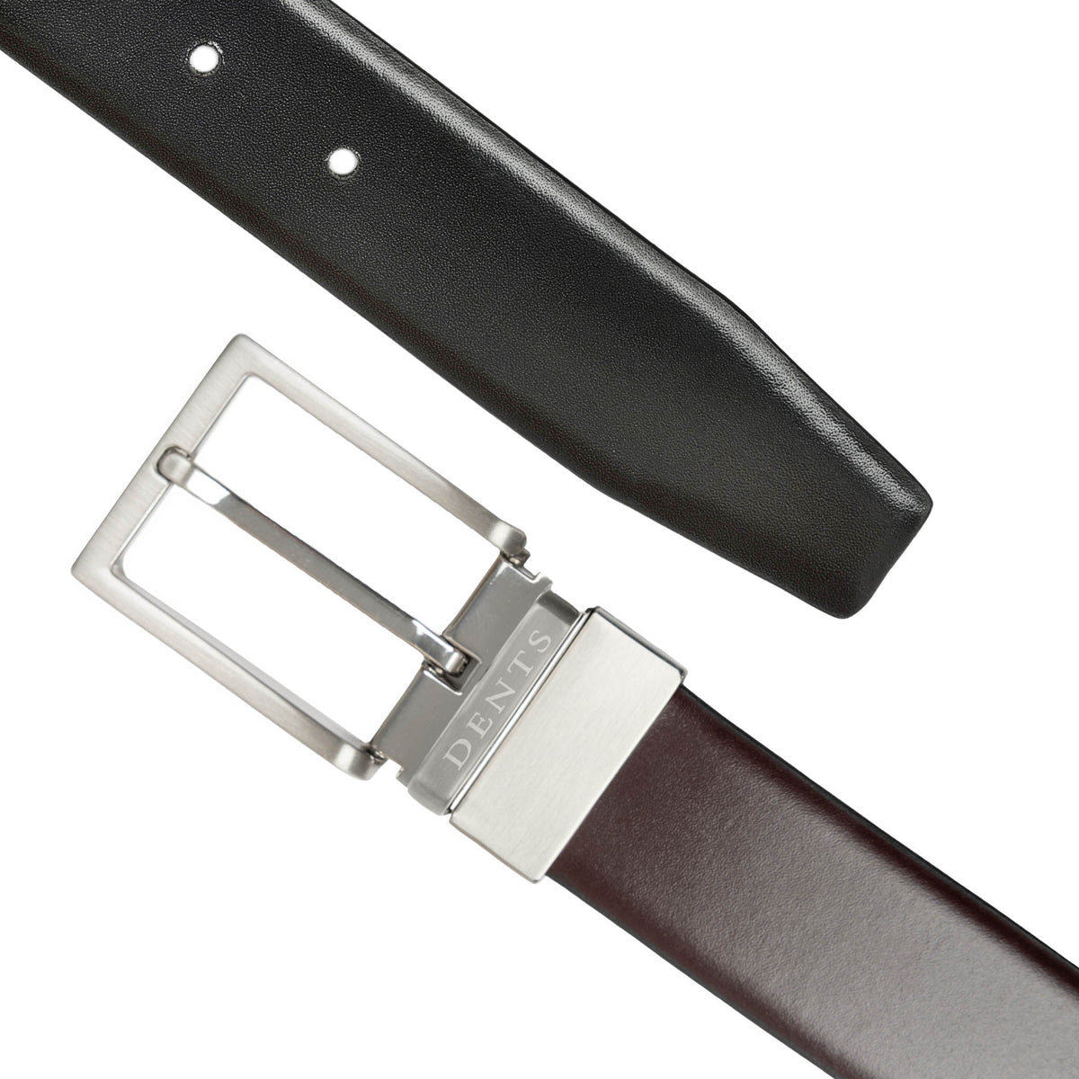 Men’s heritage reversible full-grain leather belt with satin nickel buckle in black/tan, flat. 