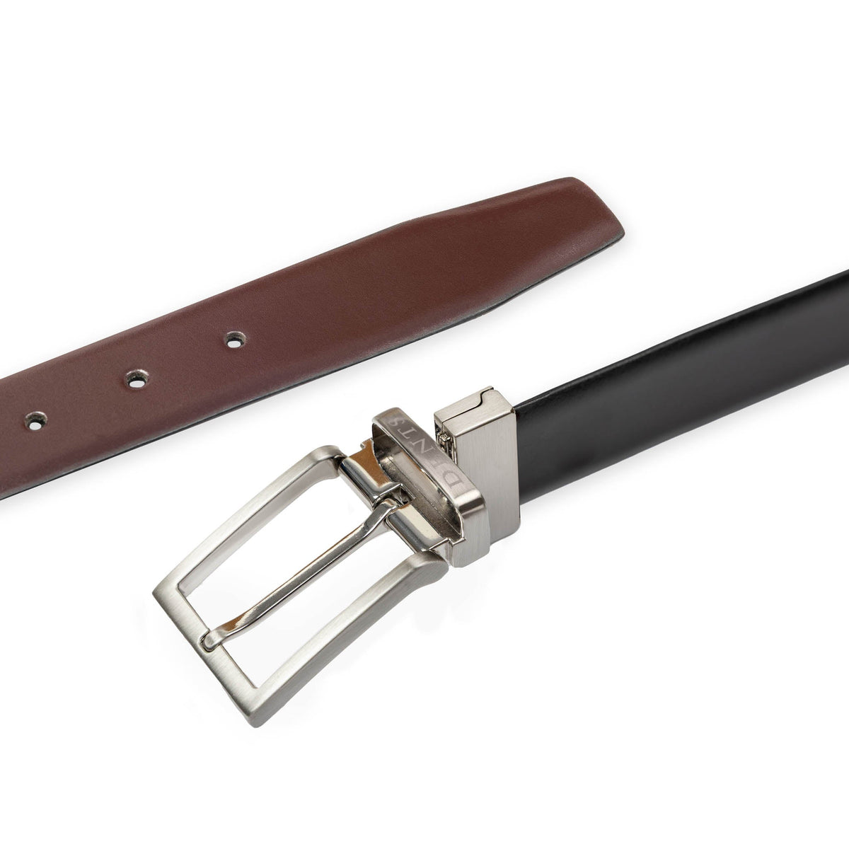 Men’s heritage reversible full-grain leather belt with satin nickel buckle in black/tan, reversible buckle. 