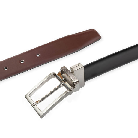 Men’s heritage reversible full-grain leather belt with satin nickel buckle in black/tan, reversible buckle. 