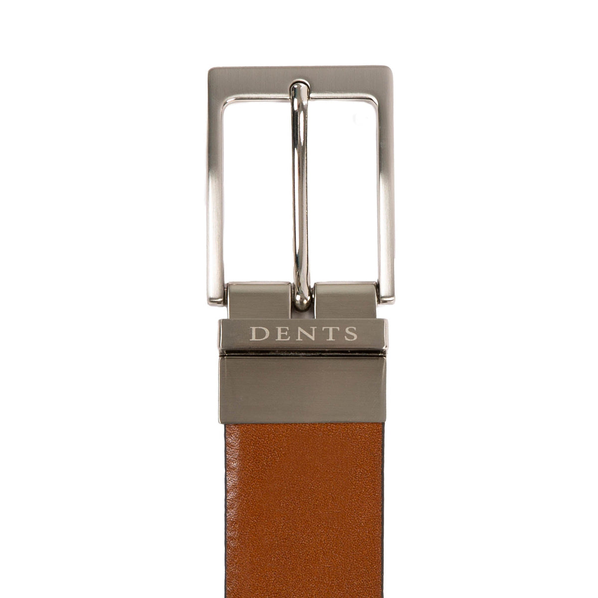Men’s heritage reversible full-grain leather belt with satin nickel buckle in black/tan, buckle 