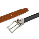 Men’s heritage reversible full-grain leather belt with satin nickel buckle in black/tan, reversible buckle. 