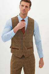50% OFF - MARC DARCY Men's Ted Single Breasted Waistcoat - Tan Check - Size: 52