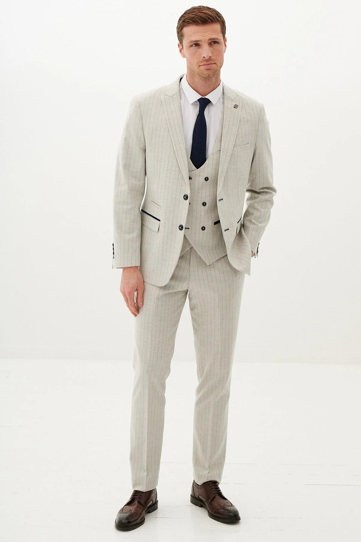 50% OFF - MARC DARCY Grant Three Piece Suit - Mens Slim Fit - Stone Pinstripe - Size: 44 Regular With 38 Trousers