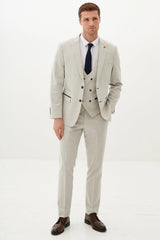 50% OFF - MARC DARCY Grant Three Piece Suit - Mens Slim Fit - Stone Pinstripe - Size: 44 Regular With 38 Trousers