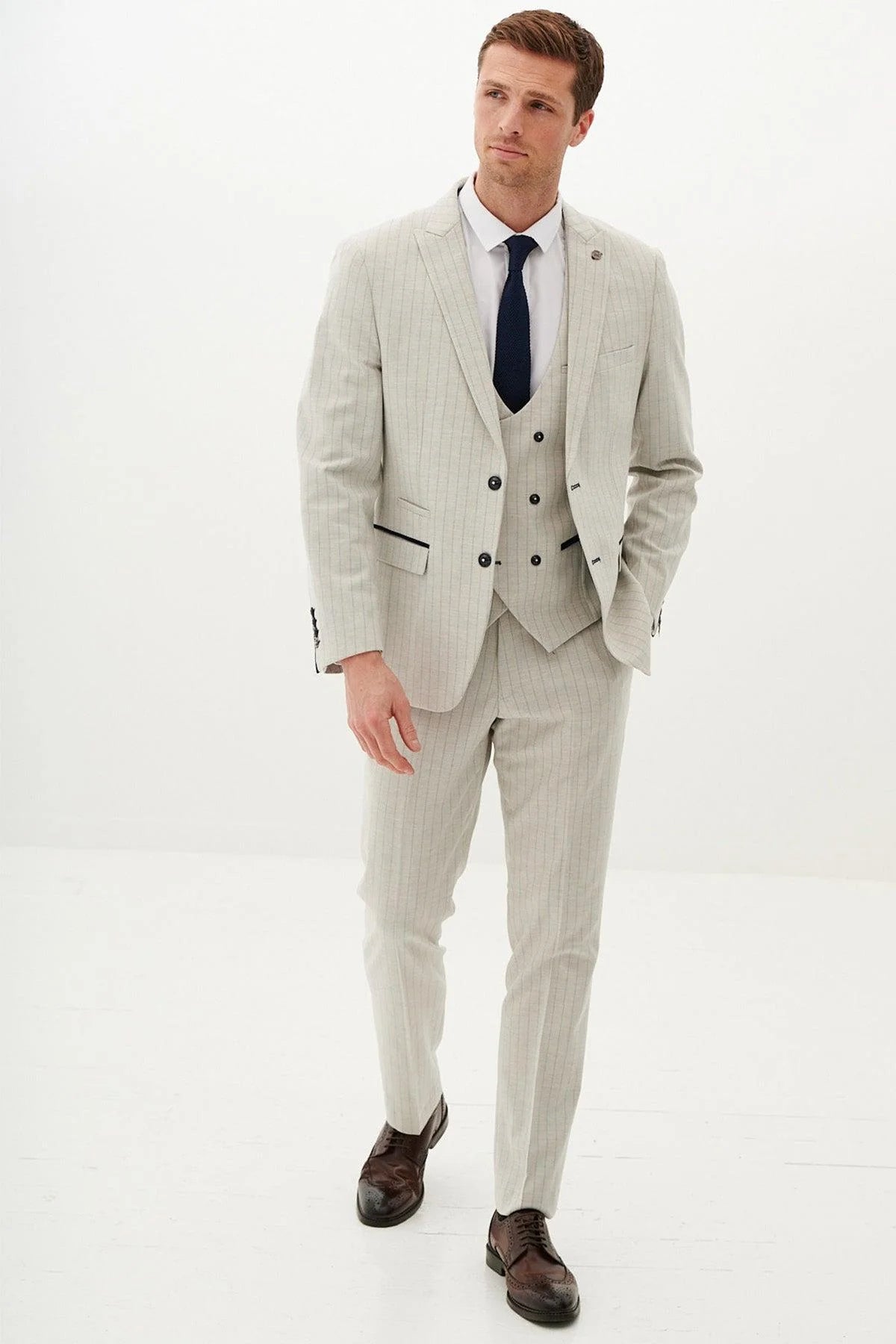 50% OFF - MARC DARCY Grant Three Piece Suit - Mens Slim Fit - Stone Pinstripe - Size: 44 Regular With 38 Trousers