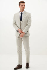 50% OFF - MARC DARCY Grant Three Piece Suit - Mens Slim Fit - Stone Pinstripe - Size: 44 Regular With 38 Trousers