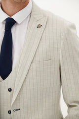 50% OFF - MARC DARCY Grant Three Piece Suit - Mens Slim Fit - Stone Pinstripe - Size: 44 Regular With 38 Trousers