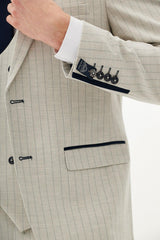 50% OFF - MARC DARCY Grant Three Piece Suit - Mens Slim Fit - Stone Pinstripe - Size: 44 Regular With 38 Trousers