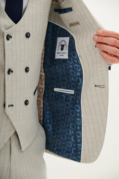 50% OFF - MARC DARCY Grant Three Piece Suit - Mens Slim Fit - Stone Pinstripe - Size: 44 Regular With 38 Trousers