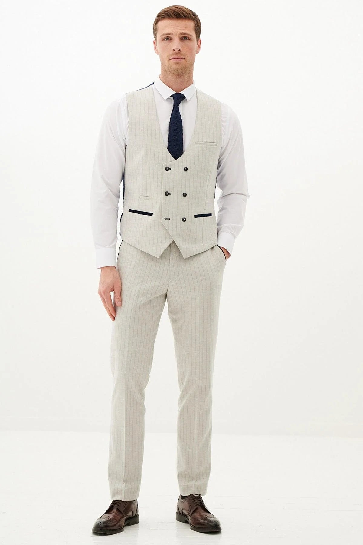 50% OFF - MARC DARCY Grant Three Piece Suit - Mens Slim Fit - Stone Pinstripe - Size: 44 Regular With 38 Trousers
