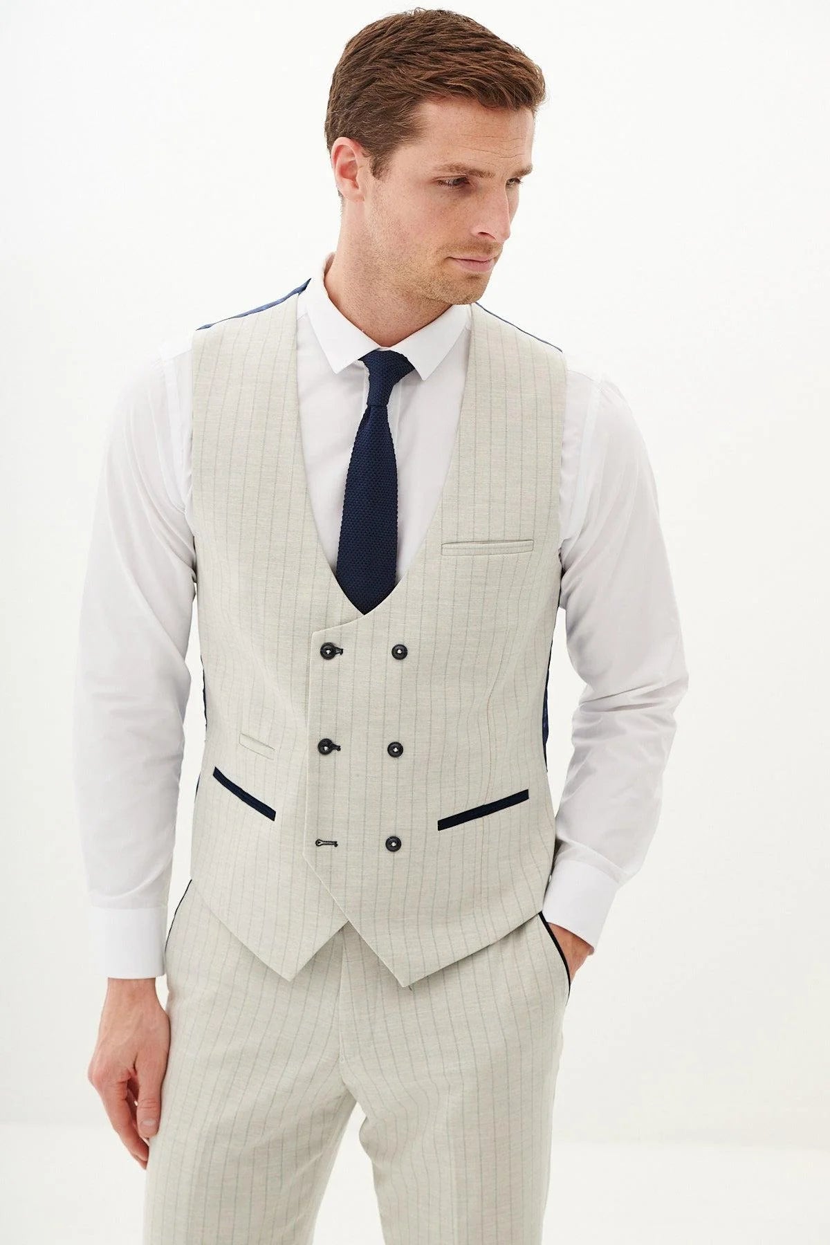50% OFF - MARC DARCY Grant Three Piece Suit - Mens Slim Fit - Stone Pinstripe - Size: 44 Regular With 38 Trousers