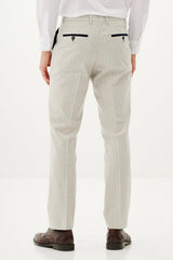 50% OFF - MARC DARCY Grant Three Piece Suit - Mens Slim Fit - Stone Pinstripe - Size: 44 Regular With 38 Trousers