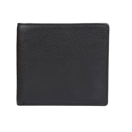 Men's Slim Pebble Grain Leather Bifold Wallet with RFID Blocking in black, front view of leather.