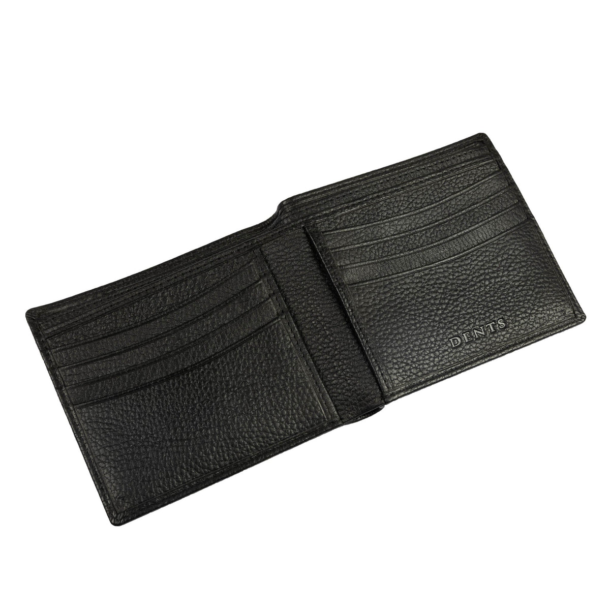 Men's Slim Pebble Grain Leather Bifold Wallet with RFID Blocking in black, flat view of inside. 