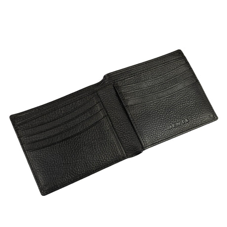 Men's Slim Pebble Grain Leather Bifold Wallet with RFID Blocking in black, flat view of inside. 