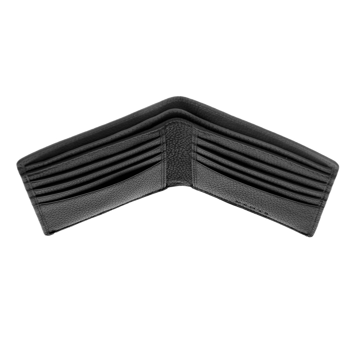 Men's Slim Pebble Grain Leather Bifold Wallet with RFID Blocking in black, above view of wallet.