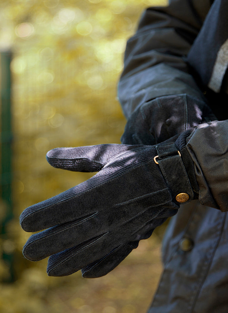 DENTS Chester Men’s Fleece-Lined Suede Gloves – Black detail