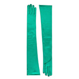 Women's long satin opera gloves in green, side by side. 