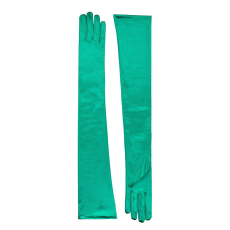 Women's long satin opera gloves in green, side by side. 