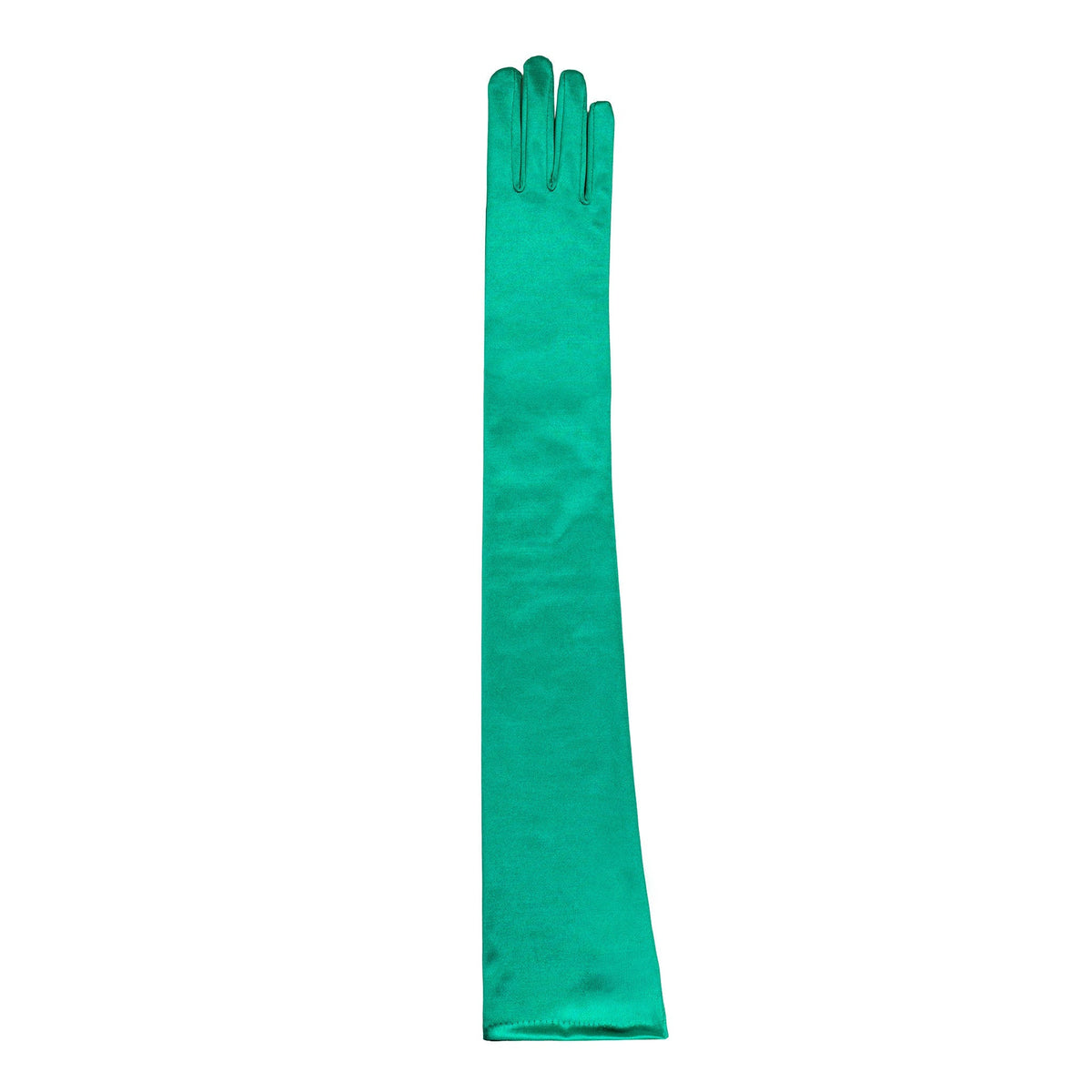 Women's long satin opera gloves in green, right hand. 